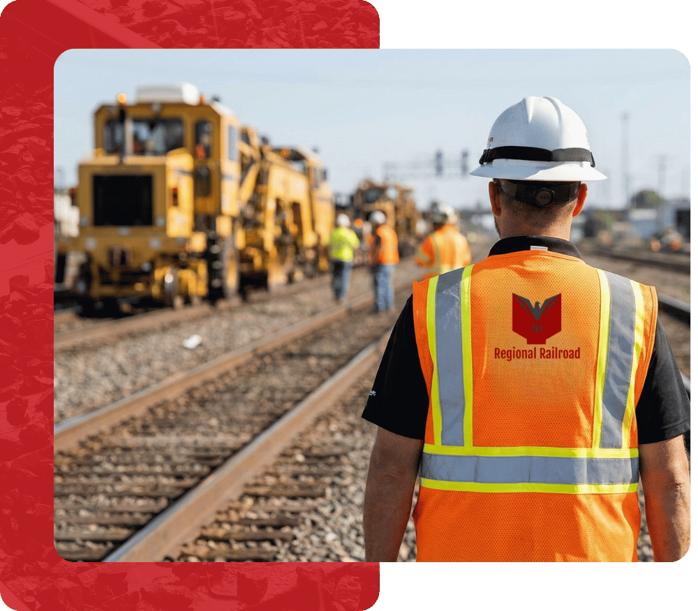 Close-up, rear-view image of a railroad worker wearing an orange high-visibility vest with a "Regional Railroad" logo on the back and a white hard hat, standing on the tracks. Workers and yellow track machinery are blurred in the background.